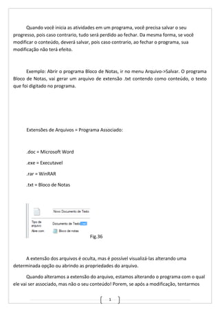 1
Quando você inicia as atividades em um programa, você precisa salvar o seu
progresso, pois caso contrario, tudo será perdido ao fechar. Da mesma forma, se você
modificar o conteúdo, deverá salvar, pois caso contrario, ao fechar o programa, sua
modificação não terá efeito.
Exemplo: Abrir o programa Bloco de Notas, ir no menu Arquivo->Salvar. O programa
Bloco de Notas, vai gerar um arquivo de extensão .txt contendo como conteúdo, o texto
que foi digitado no programa.
Extensões de Arquivos = Programa Associado:
.doc = Microsoft Word
.exe = Executavel
.rar = WinRAR
.txt = Bloco de Notas
Fig.36
A extensão dos arquivos é oculta, mas é possível visualizá-las alterando uma
determinada opção ou abrindo as propriedades do arquivo.
Quando alteramos a extensão do arquivo, estamos alterando o programa com o qual
ele vai ser associado, mas não o seu conteúdo! Porem, se após a modificação, tentarmos
 
