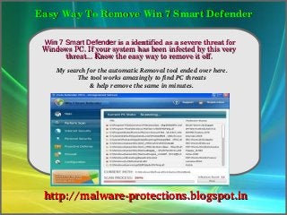 Easy Way To Remove Win 7 Smart Defender

               How To Remove
   Win 7 Smart Defender is a identified as a severe threat for 
   Windows PC. If your system has been infected by this very 
         threat... Know the easy way to remove it off.
       My search for the automatic Removal tool ended over here.
              The tool works amazingly to find PC threats 
                  & help remove the same in minutes.




      http://malware­protections.blogspot.in
 