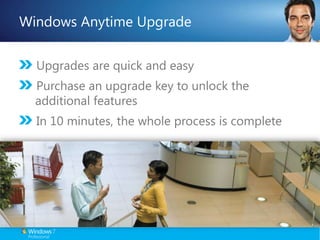 Windows Anytime UpgradeUpgrades are quick and easyPurchase an upgrade key to unlock the additional featuresIn 10 minutes, the whole process is complete