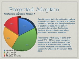 Projected Adoption Over 80 percent of information technology professionals plan to upgrade to Windows 7 within 30 months of it Enterprise release in September 2009. About 50% of enterprise Information Technology Decision Makers plan to upgrade to Windows 7 as soon as available. That means by February of 2012, only about 17% - 21% of large enterprise businesses will be holding onto other versions of Windows client operating systems. Microsoft will discontinue all support for Windows XP between 2010 - 2014. 