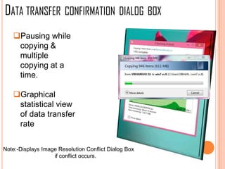 Pausing while
copying &
multiple
copying at a
time.
Graphical
statistical view
of data transfer
rate
DATA TRANSFER CONFIRMATION DIALOG BOX
Note:-Displays Image Resolution Conflict Dialog Box
if conflict occurs.
 