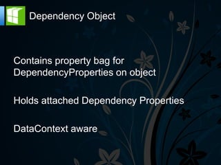 Dependency Object



Contains property bag for
DependencyProperties on object

Holds attached Dependency Properties

DataContext aware
 