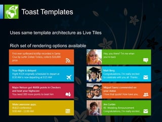 Toast Templates

Uses same template architecture as Live Tiles

Rich set of rendering options available
 
