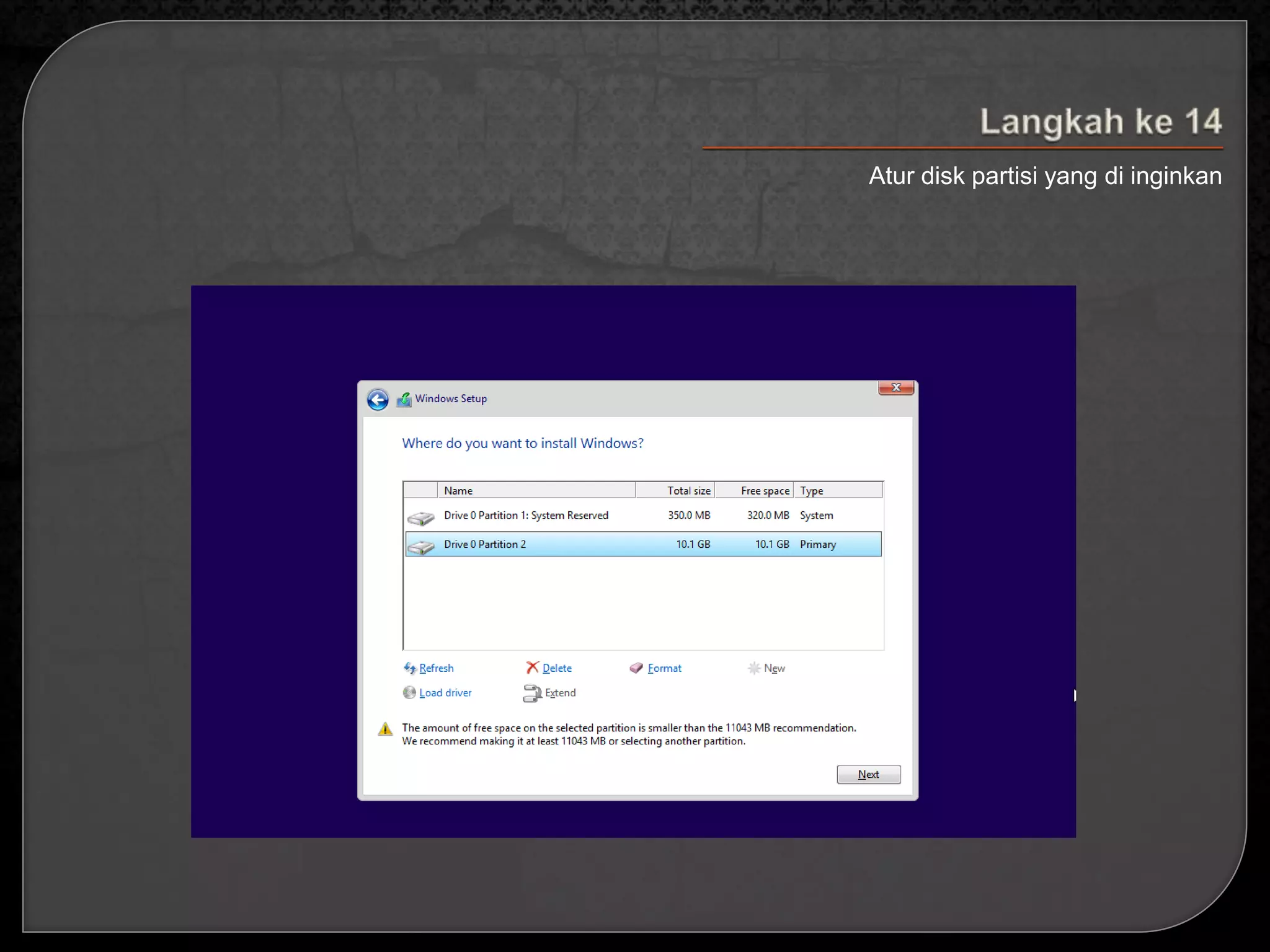 Atur disk partisi yang di inginkan 
 