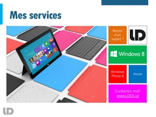 Mes services
Besoin
d’un
expert ?
Windows
Phone 8
Contactez moi!
www.LDEX.ca
Azure
 