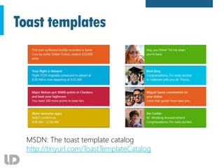Toast templates
MSDN: The toast template catalog
http://tinyurl.com/ToastTemplateCatalog
 