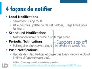 4 façons de notifier
 Local Notifications
• Seulement si app roule.
• Utile pour les update de tiles et badges, usage limité pour
les toasts.
 Scheduled Notifications
• Notification locale cédulée à un temps précis.
 Periodic Notifications
• Poll régulier d’un service cloud à intervalle de temps fixe.
 Push Notifications
• Update des tiles, badges et ouvre des toasts depuis le cloud
(même si l’app ne roule pas).
MSDN: Choosing a notification delivery method
http://msdn.microsoft.com/en-ca/library/windows/apps/hh779721.aspx
Support app off
 