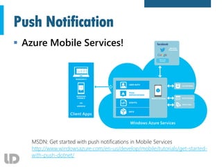 Push Notification
 Azure Mobile Services!
MSDN: Get started with push notifications in Mobile Services
http://www.windowsazure.com/en-us/develop/mobile/tutorials/get-started-
with-push-dotnet/
 
