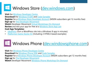 Visit the Windows Developer Centre
Download the Windows 8 SDK and Code Samples
Register for a Windows Store Developer Account (MSDN subscribers get 12 months free)
Sign up for The Developer Movement
Watch Developer Movement Virtual Workshops On-Demand
Review and test your app for free at a Windows Store App Lab
Cool App Templates:
• IdeaPress (Turn a WordPress site into a Windows 8 app in minutes)
• Platformer Game Starter Kit (Including 2 HTML5-based examples)
Windows Phone (dev.windowsphone.com)
Visit the Windows Phone Developer Centre
Download the Windows Phone SDK and Code Samples
Register for a Windows Phone Developer Account (MSDN subscribers get 12 months free)
Sign up for The Developer Movement
Watch Developer Movement Windows Phone Workshop On-Demand
Windows Store (dev.windows.com)
 