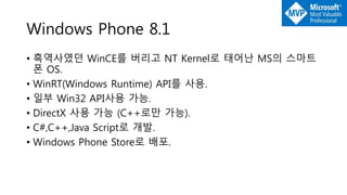 Windows Phone 8.1
• 흑역사였던 WinCE를 버리고 NT Kernel로 태어난 MS의 스마트
폰 OS.
• WinRT(Windows Runtime) API를 사용.
• 일부 Win32 API사용 가능.
• DirectX 사용 가능 (C++로만 가능).
• C#,C++,Java Script로 개발.
• Windows Phone Store로 배포.
 
