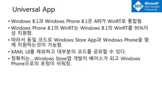 • Windows 8.1과 Windows Phone 8.1은 API가 WinRT로 통합됨
• Windows Phone 8.1의 WinRT는 Windows 8.1의 WinRT를 95%이
상 지원함.
• 따라서 동일 코드로 Windows Store App과 Windows Phone을 함
께 지원하는것이 가능함.
• XAML UI를 제외하고 대부분의 코드를 공유할 수 있다.
• 정확히는….Windows Store앱 개발이 베이스가 되고 Windows
Phone으로의 포팅이 쉬워짐.
Universal App
 