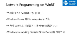 Network Programming on WinRT
• WinRT에서는 winsock사용 불가(-_-)
• Windows Phone 에서는 winsock사용 가능
• 어차피 WinRT로 개발할거니까 winsock안쓴다.-_-;
• Windows::Networking::Sockets::StreamSocket를 사용한다.
 