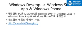 Windows Desktop -> Windows Store
App & Windows Phone
• 개발했던 PC용 MMORPG를 Desktop DX9 -> Desktop DX11 ->
Windows Store App & Windows Phone으로 포팅했음.
• 네트워크 연동한 플레이 가능.
• http://youtu.be/iZkxorgAxcg
 