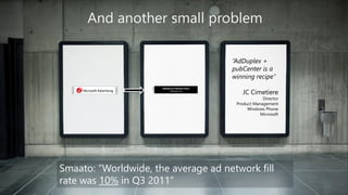 And another small problem

                                     “AdDuplex +
                                     pubCenter is a
                                     winning recipe”

                                         JC Cimetiere
                                                  Director
                                      Product Management
                                           Windows Phone
                                                 Microsoft




Smaato: “Worldwide, the average ad network fill
rate was 10% in Q3 2011”
 