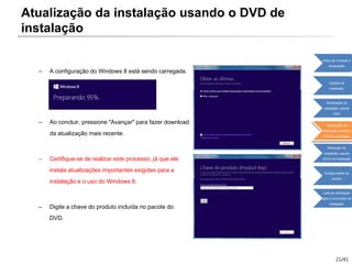 21/41
– A configuração do Windows 8 está sendo carregada.
– Ao concluir, pressione "Avançar" para fazer download
da atualização mais recente.
– Certifique-se de realizar este processo, já que ele
instala atualizações importantes exigidas para a
instalação e o uso do Windows 8.
– Digite a chave do produto incluída no pacote do
DVD.
Atualização da instalação usando o DVD de
instalação
Antes de começar a
atualização
Opções de
instalação
Atualização da
instalação usando
ESD
Atualização da
instalação usando o
DVD de instalação
Remoção da
instalação usando
oDVD de instalação
Configurações do
usuário
Lista de verificação
após a conclusão da
instalação
 