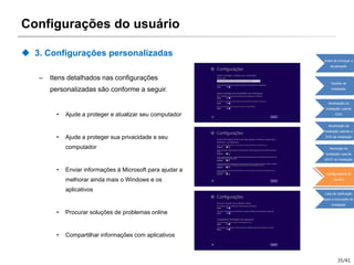 35/41
Configurações do usuário
 3. Configurações personalizadas
– Itens detalhados nas configurações
personalizadas são conforme a seguir.
• Ajude a proteger e atualizar seu computador
• Ajude a proteger sua privacidade e seu
computador
• Enviar informações à Microsoft para ajudar a
melhorar ainda mais o Windows e os
aplicativos
• Procurar soluções de problemas online
• Compartilhar informações com aplicativos
Antes de começar a
atualização
Opções de
instalação
Atualização da
instalação usando
ESD
Atualização da
instalação usando o
DVD de instalação
Remoção da
instalação usando
oDVD de instalação
Configurações do
usuário
Lista de verificação
após a conclusão da
instalação
 