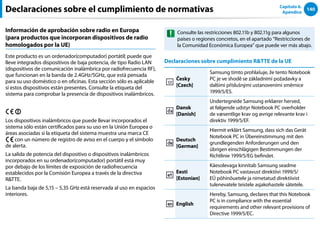 140
Capítulo 6.
Apéndice
Información de aprobación sobre radio en Europa
(para productos que incorporan dispositivos de radio
homologados por la UE)
Este producto es un ordenador(computador) portátil; puede que
lleve integrados dispositivos de baja potencia, de tipo Radio LAN
(dispositivos de comunicación inalámbrica por radiofrecuencia RF),
que funcionan en la banda de 2.4GHz/5GHz, que está pensada
para su uso doméstico o en oficinas. Esta sección sólo es aplicable
si estos dispositivos están presentes. Consulte la etiqueta del
sistema para comprobar la presencia de dispositivos inalámbricos.
Los dispositivos inalámbricos que puede llevar incorporados el
sistema sólo están certificados para su uso en la Unión Europea o
áreas asociadas si la etiqueta del sistema muestra una marca CE
con un número de registro de aviso en el cuerpo y el símbolo
de alerta.
La salida de potencia del dispositivo o dispositivos inalámbricos
incorporados en su ordenador(computador) portátil está muy
por debajo de los límites de exposición de radiofrecuencia
establecidos por la Comisión Europea a través de la directiva
RTTE.
La banda baja de 5,15 – 5,35 GHz está reservada al uso en espacios
interiores.
Consulte las restricciones 802.11b y 802.11g para algunos
países o regiones concretos, en el apartado “Restricciones de
la Comunidad Económica Europea” que puede ver más abajo.
Declaraciones sobre cumplimiento RTTE de la UE
Česky
[Czech]
Samsung tímto prohlašuje, že tento Notebook
PC je ve shodě se základními požadavky a
dalšími příslušnými ustanoveními směrnice
1999/5/ES.
Dansk
[Danish]
Undertegnede Samsung erklærer herved,
at følgende udstyr Notebook PC overholder
de væsentlige krav og øvrige relevante krav i
direktiv 1999/5/EF.
Deutsch
[German]
Hiermit erklärt Samsung, dass sich das Gerät
Notebook PC in Übereinstimmung mit den
grundlegenden Anforderungen und den
übrigen einschlägigen Bestimmungen der
Richtlinie 1999/5/EG befindet.
Eesti
[Estonian]
Käesolevaga kinnitab Samsung seadme
Notebook PC vastavust direktiivi 1999/5/
EÜ põhinõuetele ja nimetatud direktiivist
tulenevatele teistele asjakohastele sätetele.
English
Hereby, Samsung, declares that this Notebook
PC is in compliance with the essential
requirements and other relevant provisions of
Directive 1999/5/EC.
Declaraciones sobre el cumplimiento de normativas
 