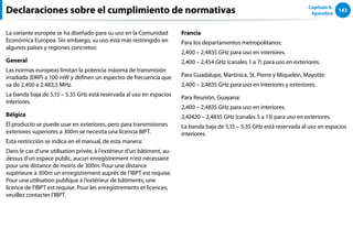 143
Capítulo 6.
Apéndice
La variante europea se ha diseñado para su uso en la Comunidad
Económica Europea. Sin embargo, su uso está más restringido en
algunos países y regiones concretos:
General
Las normas europeas limitan la potencia máxima de transmisión
irradiada (EIRP) a 100 mW y definen un espectro de frecuencia que
va de 2.400 a 2.483,5 MHz.
La banda baja de 5,15 – 5,35 GHz está reservada al uso en espacios
interiores.
Bélgica
El producto se puede usar en exteriores, pero para transmisiones
exteriores superiores a 300m se necesita una licencia BIPT.
Esta restricción se indica en el manual, de esta manera:
Dans le cas d’une utilisation privée, à l’extérieur d’un bâtiment, au-
dessus d’un espace public, aucun enregistrement n’est nécessaire
pour une distance de moins de 300m. Pour une distance
supérieure à 300m un enregistrement auprès de l’IBPT est requise.
Pour une utilisation publique à l’extérieur de bâtiments, une
licence de l’IBPT est requise. Pour les enregistrements et licences,
veuillez contacter l’IBPT.
Francia
Para los departamentos metropolitanos:
2,400 – 2,4835 GHz para uso en interiores.
2,400 – 2,454 GHz (canales 1 a 7) para uso en exteriores.
Para Guadalupe, Martinica, St. Pierre y Miquelón, Mayotte:
2,400 – 2,4835 GHz para uso en interiores y exteriores.
Para Reunión, Guayana:
2,400 – 2,4835 GHz para uso en interiores.
2,42420 – 2,4835 GHz (canales 5 a 13) para uso en exteriores.
La banda baja de 5,15 – 5,35 GHz está reservada al uso en espacios
interiores.
Declaraciones sobre el cumplimiento de normativas
 