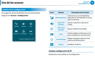 38
Capítulo 2
Uso de Windows 8
Uso de los accesos
Cambio de la configuración
Se recogen los menús de Windows de uso más frecuente.
Haga clic en Accesos  Configuración.
Icono Nombre Descripción de la función
⦽
Red inalámbrica
Conectarse a una red inalámbrica.
Seleccione la red inalámbrica a la que
desee conectarse.
⦽
Ajuste del
volumen
Ajustar el volumen o silenciar el
sonido.
⦽
Brillo de la
pantalla
Ajustar el brillo de la pantalla.
⦽
Aviso
Puede establecer el intervalo con el
que una aplicación envía los avisos.
⦽
Iniciar/Apagar
Apagar el equipo o seleccionar las
opciones de alimentación.
ENG Idioma Establecer el idioma.
Cambiar configuración de PC
Puede hacer más cambios en la configuración.
 