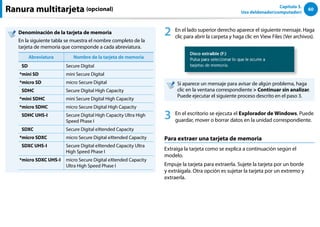 60
Capítulo 3.
Uso deldenador(computador)
Ranura multitarjeta (opcional)
Denominación de la tarjeta de memoria
En la siguiente tabla se muestra el nombre completo de la
tarjeta de memoria que corresponde a cada abreviatura.
Abreviatura Nombre de la tarjeta de memoria
SD Secure Digital
*mini SD mini Secure Digital
*micro SD micro Secure Digital
SDHC Secure Digital High Capacity
*mini SDHC mini Secure Digital High Capacity
*micro SDHC micro Secure Digital High Capacity
SDHC UHS-I Secure Digital High Capacity Ultra High
Speed Phase I
SDXC Secure Digital eXtended Capacity
*micro SDXC micro Secure Digital eXtended Capacity
SDXC UHS-I Secure Digital eXtended Capacity Ultra
High Speed Phase I
*micro SDXC UHS-I micro Secure Digital eXtended Capacity
Ultra High Speed Phase I
2 En el lado superior derecho aparece el siguiente mensaje. Haga
clic para abrir la carpeta y haga clic en View Files (Ver archivos).
Si aparece un mensaje para avisar de algún problema, haga
clic en la ventana correspondiente  Continuar sin analizar.
Puede ejecutar el siguiente proceso descrito en el paso 3.
3 En el escritorio se ejecuta el Explorador de Windows. Puede
guardar, mover o borrar datos en la unidad correspondiente.
Para extraer una tarjeta de memoria
Extraiga la tarjeta como se explica a continuación según el
modelo.
Empuje la tarjeta para extraerla. Sujete la tarjeta por un borde
y extráigala. Otra opción es sujetar la tarjeta por un extremo y
extraerla.
 