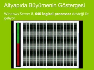 Windows Server 8, 640 logical processor desteği ile
geliyor
                   Max Bellek ve LP Desteği
    800                                                                  5000
                                                                640LP    4500
    700
                                                                4TB
                                                                         4000
    600
                                                                         3500
    500                                                                  3000
                                          64LP       256LP
    400                                                                  2500
                                          2TB        2TB
    300                                                                  2000
                                                                         1500
    200                        64LP
                               512 GB                                    1000
    100   8LP       32LP
          4GB       64GB                                                 500
     0                                                                   0
          NT 4.0   Windows    Windows     Windows Win Server Windows Server 8
          (1997)    2000     Server 2003 Server 2008 2008 R2    (2012)

                      Windows Server Releases
 