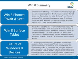 Win 8 Summary
                                                      • Enterprises are adopting a "wait and see" mentality to gauge
                                                        consumer adoption prior to developing application. The W8
Win 8 Phones:                                           phone has the makings of a great device. We say this mainly

“Wait & See”                                            because of the user experience geared towards business
                                                        users. And, with Microsoft’s Nokia relationship, we expect
                                                        greater adoption for W8 phone in Europe

                                                      • The Surface tablet has the potential to be the standout W8
                                                        product for business users because of its ability to act as a
Win 8 Surface                                           true desktop replacement. This tablet essentially serves as a
                                                        desktop on-the-go. The enterprise user can make client
   Tablet                                               communication seamless and access key documents without
                                                        a problem, making it an essential companion for the mobile
                                                        worker

                                                      • If a successful release for Microsoft, then we will soon see more
     Future of                                          companies offering professionals a full suite of enterprise-ready
                                                        applications optimized for instant-on, touch-enabled tablets. This

     Windows 8                                          accessibility is also key for the business user in terms of productivity,
                                                        as being away from your desktop no longer has to be a negative issue
                                                        for users with W8 products. With the rising expectation for a parallel
      Devices                                           mobile experience as such, we could potentially see more employees
                                                        adopting W8 in order to adopt a completely mobile environment.

Copyright © 2012 Kony Solutions, Inc. CONFIDENTIAL                                                                              13 13
 