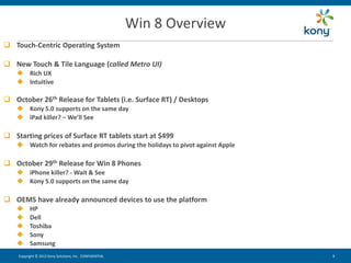 Win 8 Overview
 Touch-Centric Operating System

 New Touch & Tile Language (called Metro UI)
     Rich UX
     Intuitive

 October 26th Release for Tablets (i.e. Surface RT) / Desktops
     Kony 5.0 supports on the same day
     iPad killer? – We’ll See

 Starting prices of Surface RT tablets start at $499
     Watch for rebates and promos during the holidays to pivot against Apple

 October 29th Release for Win 8 Phones
     iPhone killer? - Wait & See
     Kony 5.0 supports on the same day

 OEMS have already announced devices to use the platform
         HP
         Dell
         Toshiba
         Sony
         Samsung
    Copyright © 2012 Kony Solutions, Inc. CONFIDENTIAL                          9   9
 