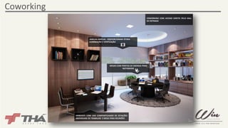 Coworking 
JANELAS AMPLAS : PROPORCIONAM ÓTIMA 
ILUMINAÇÃO E VENTILAÇÃO 
MESAS COM PONTOS DE ENERGIA PARA 
NOTEBOOKS 
COWORKING COM ACESSO DIRETO PELO HALL 
DE ENTRADA 
AMBIENTE COM USO COMPARTILHADO DE ESTAÇÕES 
INDIVIDUAIS DE TRABALHO E MESA PARA REUNIÕES 
 