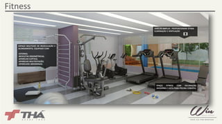 Fitness 
EPAÇO FITNESS COM DECORAÇÃO 
MODERNA E VISTA PARA PISCINA COBERTA. 
ESPAÇO MULTIUSO DE MUSCULAÇÃO E 
ALONGAMENTO, EQUIPADO COM: 
-ESTEIRAS; 
-BICICLETAS ERGOMÉTRICAS; 
-APARELHO ELÍPTICO; 
-APARELHO MULTIESTAÇÃO; 
-APARELHOS ABDOMINAIS. 
JANELAS AMPLAS : PROPORCIONAM ÓTIMA 
ILUMINAÇÃO E VENTILAÇÃO 
 