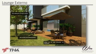 ESPAÇO AO AR LIVRE INTEGRADO AO 
PAISAGISMO 
Lounge Externo 
ÁREA ARBORIZADA, DE APOIO À PISCINA 
ÁREA EXTERNA COM ESPREGUIÇADEIRAS 
 