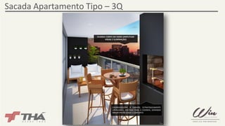 Sacada Apartamento Tipo – 3Q 
GUARDA CORPO EM VIDRO (AMPLITUDE 
VISUAL E ILUMINAÇÃO) 
CHURRASQUEIRA À CARVÃO, ESTRATEGICAMENTE 
LOCALIZADA, VOLTADA PARA A COZINHA, GERANDO 
MAIOR PRIVACIDADE E CONFORTO 
 