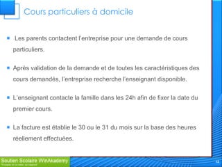 Cours particuliers à domicile


 Les parents contactent l’entreprise pour une demande de cours
  particuliers.

 Après validation de la demande et de toutes les caractéristiques des
  cours demandés, l’entreprise recherche l’enseignant disponible.

 L’enseignant contacte la famille dans les 24h afin de fixer la date du
  premier cours.

 La facture est établie le 30 ou le 31 du mois sur la base des heures
  réellement effectuées.


                                                                           12
 
