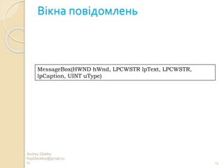 Вікна повідомлень
Andrey Gladky
KspDevelop@gmail.co
m 13
MessageBox(HWND hWnd, LPCWSTR lpText, LPCWSTR,
lpCaption, UINT uType)
 