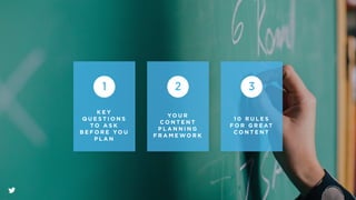 @CustomerService
@CEO
@CMO
@PRComms
@InvestorRelations
@Brand
@International
C O R P O R AT E
B U S I N E S S
P E O P L E
W H AT I S YO U R I D E N T I T Y O N T W I T T E R ?
1
K E Y
Q U E S T I O N S
T O A S K
B E F O R E YO U
P L A N
 