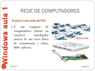 REDE DE COMPUTADORES
      O que é uma rede de PC?
      É      um conjunto de
        computadores (cliente ou
        estações)       interligados
        através de um meio físico
        de comunicação ( cabos,
        hubs e placas).




23   mariano                           14/4/2012
 