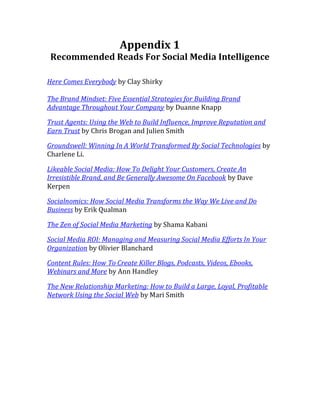Appendix 1
 Recommended Reads For Social Media Intelligence

Here Comes Everybody by Clay Shirky

The Brand Mindset: Five Essential Strategies for Building Brand
Advantage Throughout Your Company by Duanne Knapp

Trust Agents: Using the Web to Build Influence, Improve Reputation and
Earn Trust by Chris Brogan and Julien Smith

Groundswell: Winning In A World Transformed By Social Technologies by
Charlene Li.

Likeable Social Media: How To Delight Your Customers, Create An
Irresistible Brand, and Be Generally Awesome On Facebook by Dave
Kerpen

Socialnomics: How Social Media Transforms the Way We Live and Do
Business by Erik Qualman

The Zen of Social Media Marketing by Shama Kabani

Social Media ROI: Managing and Measuring Social Media Efforts In Your
Organization by Olivier Blanchard

Content Rules: How To Create Killer Blogs, Podcasts, Videos, Ebooks,
Webinars and More by Ann Handley

The New Relationship Marketing: How to Build a Large, Loyal, Profitable
Network Using the Social Web by Mari Smith
 