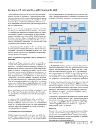 SIMATIC WinCC – Système de base 19
Entièrement modulable, également par le Web
Les solutions d'automatisation et informatiques sont en règle
générale soumises en permanence à des modifications. Cela
comprend, par exemple, les modernisations de diverses parties
de l'installation, extensions ultérieures de l'installation, l'implé-
mentation d'une surveillance centralisée des différents sites
d'une entreprise et l'optimisation des opérations de process d'un
site ou d'une entreprise.
Afin de pouvoir faire face aux exigences croissantes, la visualisa-
tion doit pouvoir être extensible à tout moment, sans pour au-
tant impliquer des failles technologiques ou nécessiter une re-
configuration complète. La pérennisation de l'investissement
est donc le principal mot d'ordre. SIMATIC WinCC propose cette
évolutivité nécessaire de bout en bout, depuis les petites solu-
tions monoposte, les postes de conduite sur le Web jusqu'aux
solutions client/serveur redondantes avec Microsoft SQL Server
centralisé pour l'archivage des données.
La virtualisation accroît la flexibilité et offre un potentiel d'éco-
nomie notable en matière d'administration et de maintenance
du système. La possibilité de mettre en œuvre des Thin Clients
robustes apporte encore d'autres avantages financiers et aug-
mente la sécurité informatique.
Depuis le système monoposte à la solution client/serveur
distribuée
Modulable, signifie que vous pouvez augmenter le nombre de
variables dans votre projet selon vos besoins, et ce à l'aide de
PowerPacks, sans avoir à débourser davantage, comme si vous
vous étiez décidé pour une solution plus grande dès le départ.
A partir de systèmes monoposte, vous pouvez créer des postes
de conduite coordonnés grâce à l'option serveur, ou encore un
système multiposte. Au total, jusqu'à 12 serveurs WinCC redon-
dants et 32 clients WinCC peuvent être mis en œuvre dans une
configuration d'installation cohérente. Les serveurs peuvent à
leur tour être configurés en tant que système distribué. La répar-
tition de l'ensemble de l'application ou des tâches sur plusieurs
serveurs permet d'atteindre une capacité fonctionnelle considé-
rablement plus importante, décharge les différents serveurs et
assure une bonne performance.
Si vous le souhaitez, un serveur d'archives central (option) peut
être configuré pour l'archivage centralisé des données de pro-
cess. La répartition tient également compte de la topologie de
l'installation.
La vue d'ensemble de l'installation est réalisé par le biais de
clients WinCC, qui accèdent simultanément aux vues et aux
données de différents projets serveur et qui peuvent même être
utilisés pour la configuration en ligne. Ces clients permettent de
configurer une vue de messages et de courbes commune sur
l'archive de différents serveurs.
Conduite et supervision sans limites
WinCC est également extensible via le réseau local (LAN) d'un
site, qu'il s'agisse de pouvoir occasionnellement surveiller à dis-
tance une partie de l'installation (par ex. dans les stations d'épu-
ration ou les systèmes de conduite de station) ou de pouvoir ac-
céder à des informations de process actuelles ou historiques (par
ex. pour une évaluation statistique) à partir d'un site quelconque.
Système multiposte WinCC
Le WinCC/WebNavigator supporte une conduite et supervision
intégralement effectuées par le Web, généralement sans néces-
siter des modifications du projet. Un serveur Web WinCC peut
aussi bien être installé sur un système WinCC monoposte que
sur un serveur ou un client WinCC. Un client Web, connecté au
serveur Web, dispose ainsi en tout point du monde d'un accès
aux projetsde tous les serveursWinCC d'une installation (jusqu'à
12), qui peuvent aussi présenter une configuration redondante.
La gestion des utilisateurs des postes de conduite sur le Web est
comprise dans les données de l'installation. Différents niveaux
d'autorisation régissent les droits d'accès. A cela s'ajoute la prise
en charge de mécanismes de sécurité courants pour la conduite
via Internet. Avec SIMATIC Logon, on peut établir une gestion
des utilisateurs centralisée à l'échelle de l'installation et qui in-
tègre également les clients Web.
L'option WinCC WebNavigator permeten outrelamise en œuvre
de Terminal Services et de clients légers. Les solutions à base de
clients légers permettent le raccordement d'appareils robustes
sur site (par ex. SIMATIC Thin Client) et de clients mobiles (PDA
– Personal Digital Assistant) sous Windows CE. L'application
s'exécute sur le serveur du terminal.
Remarque
Il convient de prendre des mesures appropriées de sécurité (par
exemple sécurité informatique par segmentation du réseau)
pour garantir la sécurité fonctionnelle. Vous trouverez de plus
amples informations sur la sécurité industrielle et le concept In-
dustrial Security à l'adresse Internet
www.siemens.com/industrialsecurity.
© Siemens AG 2012
 