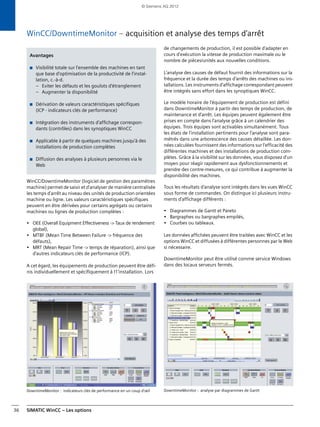 SIMATIC WinCC – Les options36
WinCC/DowntimeMonitor – acquisition et analyse des temps d'arrêt
WinCC/DowntimeMonitor (logiciel de gestion des paramètres
machine) permet de saisir et d'analyser de manière centralisée
les temps d'arrêt au niveau des unités de production orientées
machine ou ligne. Les valeurs caractéristiques spécifiques
peuvent en être dérivées pour certains agrégats ou certains
machines ou lignes de production complètes :
• OEE (Overall Equipment Effectiveness -> Taux de rendement
global),
• MTBF (Mean Time Between Failure -> fréquence des
défauts),
• MRT (Mean Repair Time -> temps de réparation), ainsi que
d'autres indicateurs clés de performance (ICP).
A cet égard, les équipements de production peuvent être défi-
nis individuellement et spécifiquement à l1'installation. Lors
de changements de production, il est possible d'adapter en
cours d'exécution la vitesse de production maximale ou le
nombre de pièces/unités aux nouvelles conditions.
L'analyse des causes de défaut fournit des informations sur la
fréquence et la durée des temps d'arrêts des machines ou ins-
tallations. Les instruments d'affichage correspondant peuvent
être intégrés sans effort dans les synoptiques WinCC.
Le modèle horaire de l'équipement de production est défini
dans DowntimeMonitor à partir des temps de production, de
maintenance et d'arrêt. Les équipes peuvent également être
prises en compte dans l'analyse grâce à un calendrier des
équipes. Trois équipes sont activables simultanément. Tous
les états de l'installation pertinents pour l'analyse sont para-
métrés dans une arborescence des causes détaillée. Les don-
nées calculées fournissent des informations sur l'efficacité des
différentes machines et des installations de production com-
plètes. Grâce à la visibilité sur les données, vous disposez d'un
moyen pour réagir rapidement aux dysfonctionnements et
prendre des contre-mesures, ce qui contribue à augmenter la
disponibilité des machines.
Tous les résultats d'analyse sont intégrés dans les vues WinCC
sous forme de commandes. On distingue ici plusieurs instru-
ments d'affichage différents :
• Diagrammes de Gantt et Pareto
• Bargraphes ou bargraphes empilés,
• Courbes ou tableaux.
Les données affichées peuvent être traitées avec WinCC et les
options WinCC et diffusées à différentes personnes par le Web
si nécessaire.
DowntimeMonitor peut être utilisé comme service Windows
dans des locaux serveurs fermés.
DowntimeMonitor : indicateurs clés de performance en un coup d'œil DowntimeMonitor : analyse par diagrammes de Gantt
Avantages
■ Visibilité totale sur l'ensemble des machines en tant
que base d'optimisation de la productivité de l'instal-
lation, c.-à-d.
– Eviter les défauts et les goulots d'étranglement
– Augmenter la disponibilité
■ Dérivation de valeurs caractéristiques spécifiques
(ICP - indicateurs clés de performance)
■ Intégration des instruments d'affichage correspon-
dants (contrôles) dans les synoptiques WinCC
■ Applicable à partir de quelques machines jusqu'à des
installations de production complètes
■ Diffusion des analyses à plusieurs personnes via le
Web
© Siemens AG 2012
 