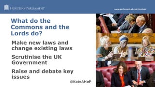 www.parliament.uk/get-involved
What do the
Commons and the
Lords do?
Make new laws and
change existing laws
Scrutinise the UK
Government
Raise and debate key
issues
 