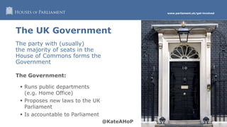 www.parliament.uk/get-involved
The UK Government
The party with (usually)
the majority of seats in the
House of Commons forms the
Government
The Government:
 Runs public departments
(e.g. Home Office)
 Proposes new laws to the UK
Parliament
 Is accountable to Parliament
 