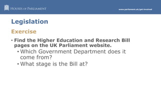 www.parliament.uk/get-involved
Legislation
Exercise
• Find the Higher Education and Research Bill
pages on the UK Parliament website.
• Which Government Department does it
come from?
• What stage is the Bill at?
 