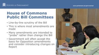 www.parliament.uk/get-involved
House of Commons
Public Bill Committees
• Line-by-line scrutiny of the Bill
• This is where most amendments are
made
• Many amendments are intended to
“probe” rather than change the Bill
• Government will often accept the
basis for Opposition amendments
and consider introducing changes on
Report
 