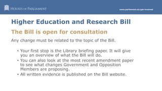 www.parliament.uk/get-involved
Higher Education and Research Bill
The Bill is open for consultation
Any change must be related to the topic of the Bill.
• Your first stop is the Library briefing paper. It will give
you an overview of what the Bill will do.
• You can also look at the most recent amendment paper
to see what changes Government and Opposition
Members are proposing.
• All written evidence is published on the Bill website.
 