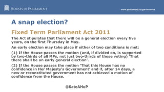 www.parliament.uk/get-involved
A snap election?
Fixed Term Parliament Act 2011
The Act stipulates that there will be a general election every five
years, on the first Thursday in May.
An early election may take place if either of two conditions is met:
(1) If the House passes the motion (and, if divided on, is supported
by two-thirds of all MPs, not just two-thirds of those voting) ‘That
there shall be an early general election’.
(2) If the House passes the motion ‘That this House has no
confidence in Her Majesty’s Government’ and if, after 14 days, a
new or reconstituted government has not achieved a motion of
confidence from the House.
 