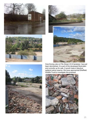 OutoKumpu site on Fife Street (10.9 hectares)  has just been demolished. It is part of the developed flood plain and currently up for sale. It would make a fabulous wetland nature reserve. We have approached Sheffield Wildlife Trust to investigate this proposal.25