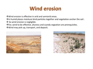 Wind erosionWind erosion is effective in arid and semiarid areas.