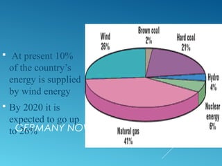 GERMANY NOW AND 2020
 At present 10%
of the country’s
energy is supplied
by wind energy
 By 2020 it is
expected to go up
to 26%
 