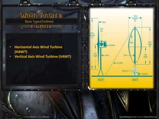 BasicTypes(Turbine)
• Horizontal Axis Wind Turbine
(HAWT)
• Vertical Axis Wind Turbine (VAWT)
 