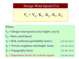 Design Wind Speed (Vz)
Where,
VZ = Design wind speed at any height z (m/s)
Vb = Basic wind Speed
k1 = Risk coefficient (probability factor ) ( Cl. No. 6.3.1 )
k2 = Terrain roughness and height factor ( Cl. No. 6.3.2 )
k3 = Topography factor ( Cl. No. 6.3.3 )
k4 = Importance factor for cyclonic region ( Cl. No. 6.3.4 )
Vz = Vb . K1 . K2 . K3 .K4
 