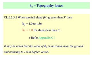 k3 = Topography factor
CL.6.3.3.1 When upwind slope (θ ) greater than 3˚ then
k3 = 1.0 to 1.36
k3 = 1.0 for slopes less than 3˚.
( Refer Appendix C )
It may be noted that the value of k3 is maximum near the ground,
and reducing to 1.0 at higher levels.
 